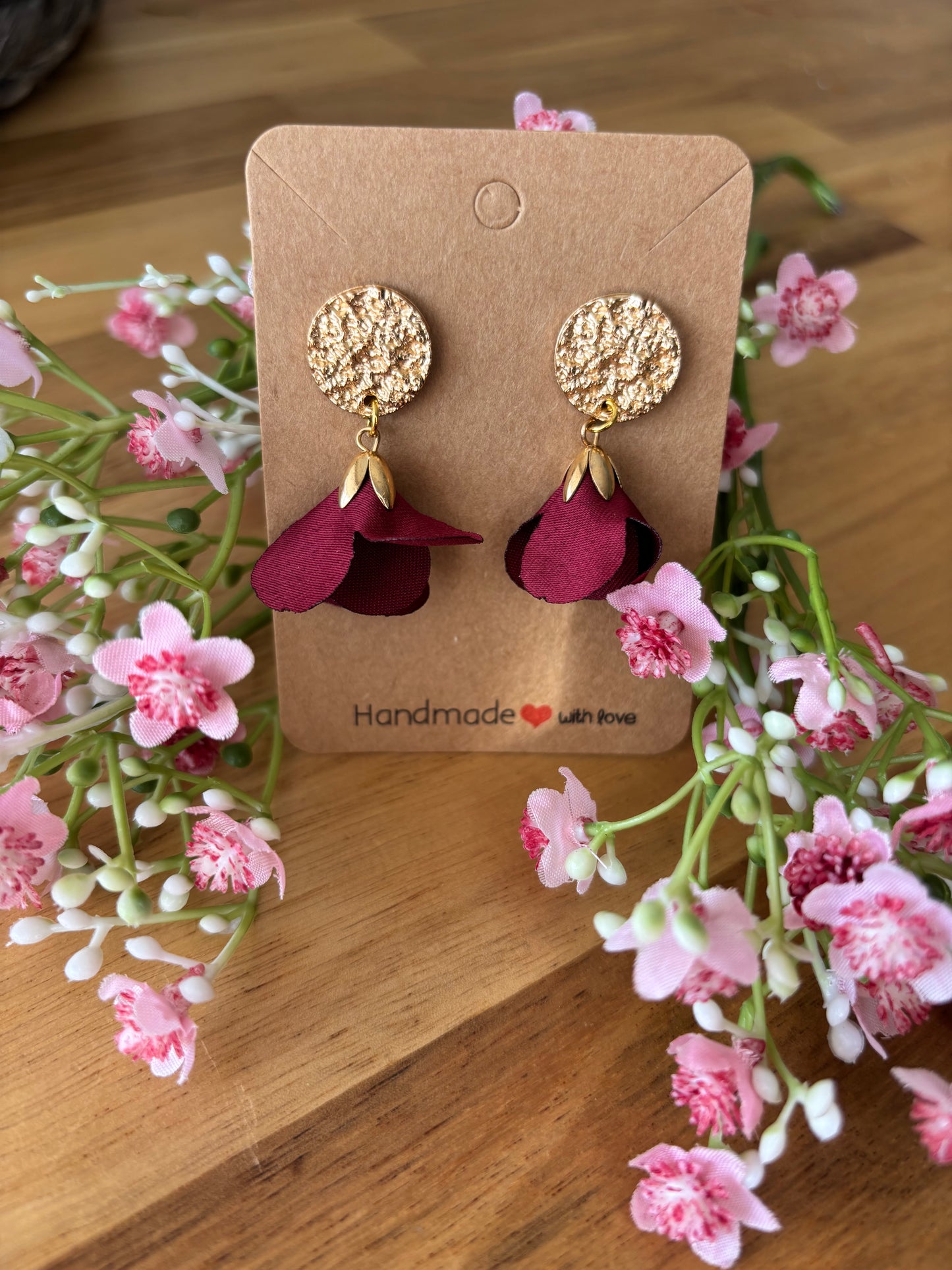 NEW! Gold hammered and burgundy tassel drop earrings