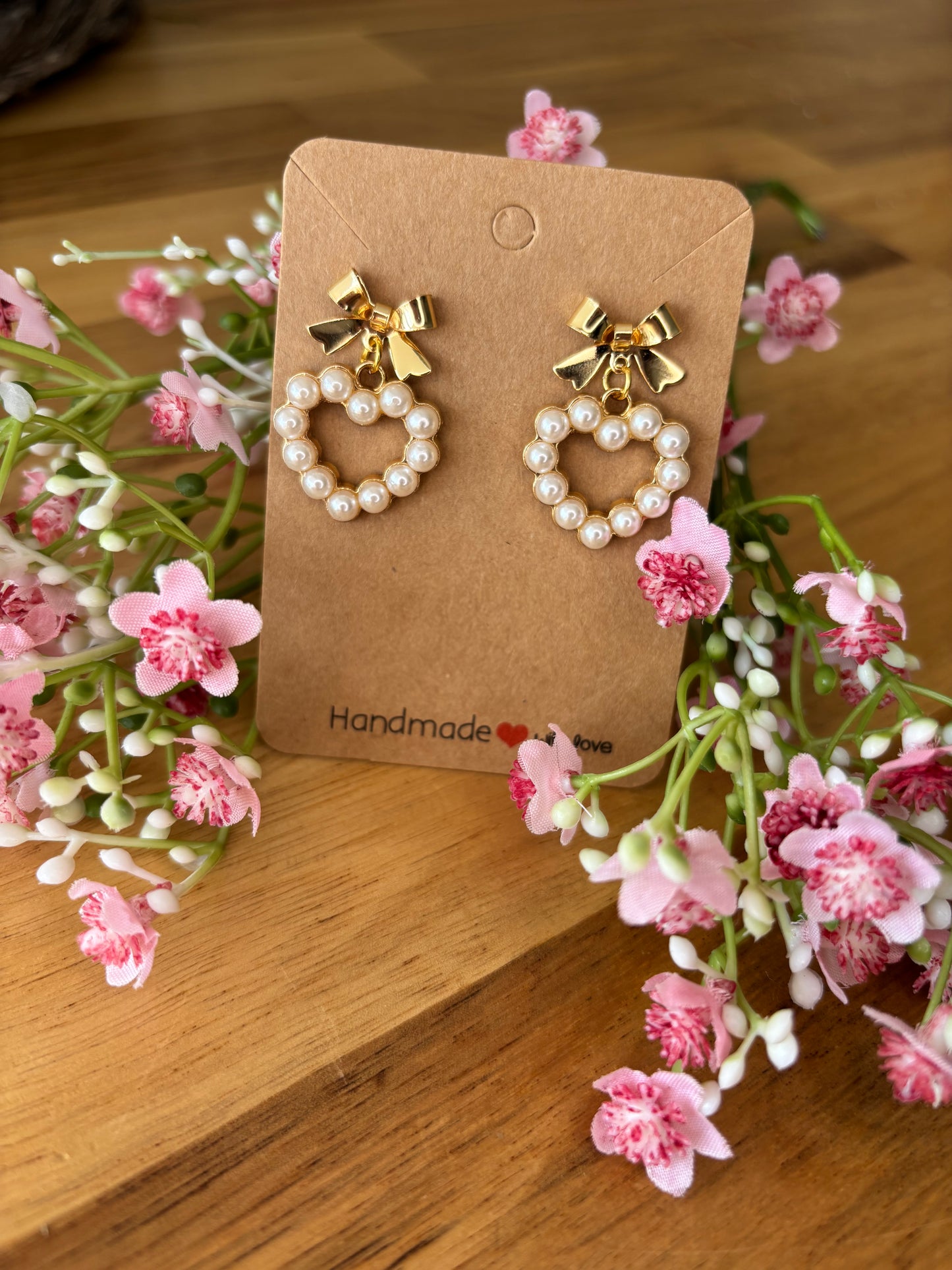 NEW! Gold and pearl heart drop earrings